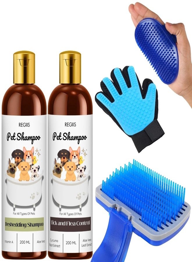 REGIIS Pet Shampoo Set with Grooming Tools, Deshedding and Tick and Flea Control Formula, 200 ML, Includes Grooming Brush, Glove and Palm Brush for Dogs - Image 1